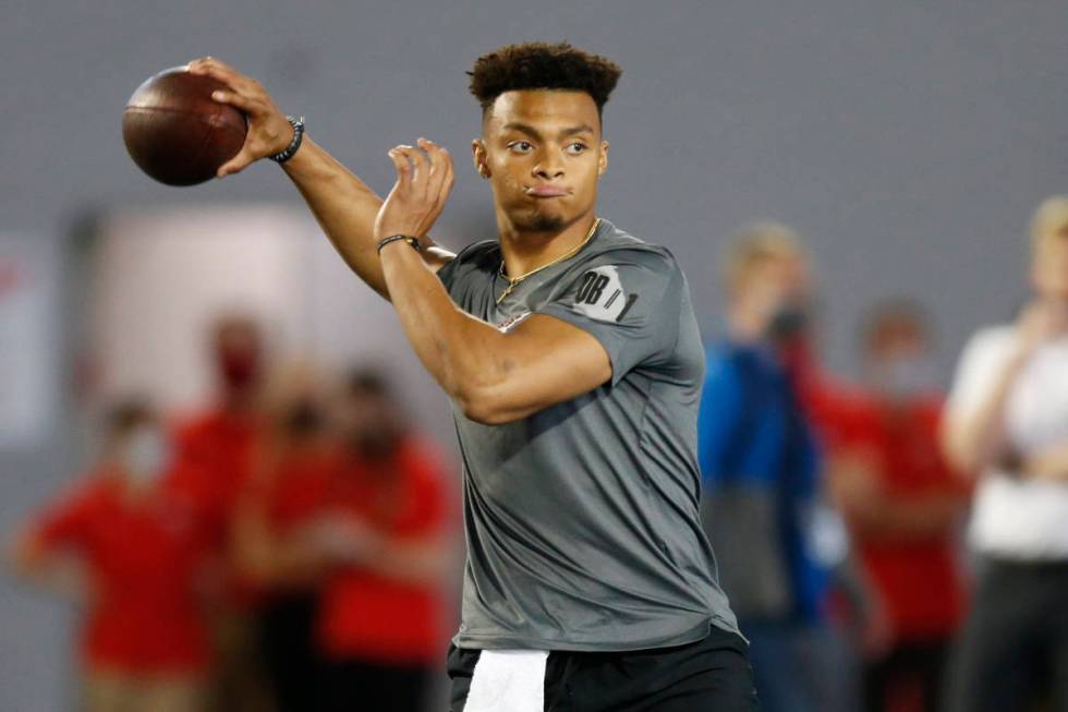 Ohio State quarterback Justin Fields throws during an NFL Pro Day at Ohio State University Tues ...