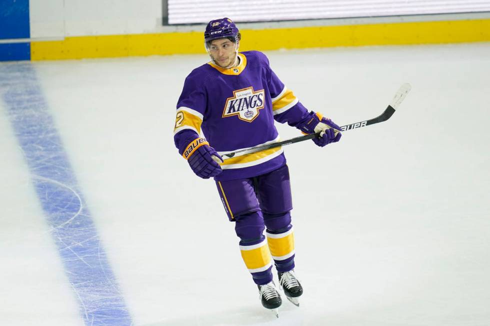 Los Angeles Kings center Trevor Moore (12) reacts after scoring a goal during the second period ...