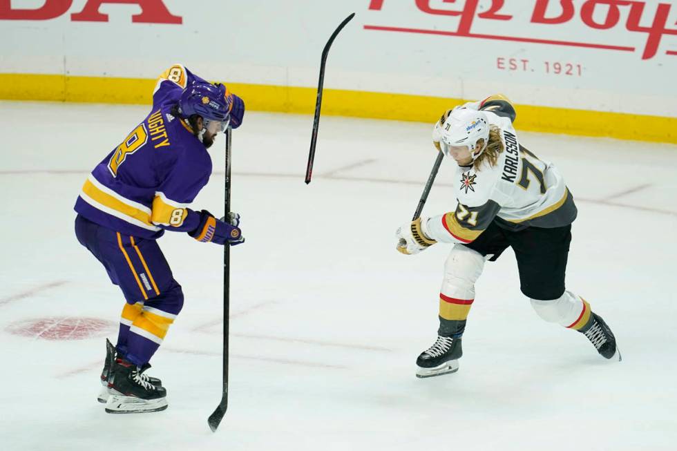 Vegas Golden Knights center William Karlsson (71) breaks his stick while taking a shot against ...