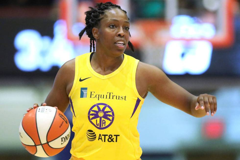 Los Angeles Sparks Chelsea Gray #12 in action against the New York Liberty during a WNBA basket ...