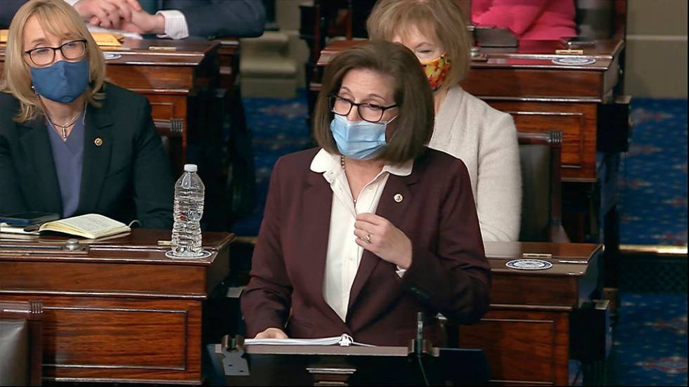 In this image from video, Sen. Catherine Cortez Masto, D-Nev., speaks as the Senate reconvenes ...