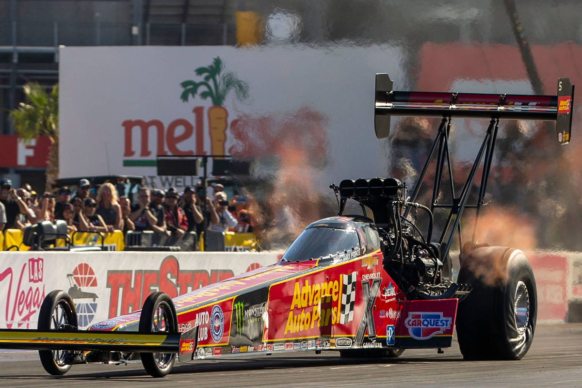 Top Fuel racer Brittany Force leads during the second round of the Dodge NHRA Nationals at the ...
