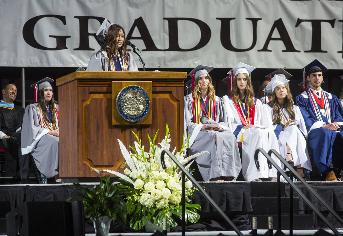 in this May 25, 2019, file photo, Coronado High School valedictorian Mina Chia speaks during th ...