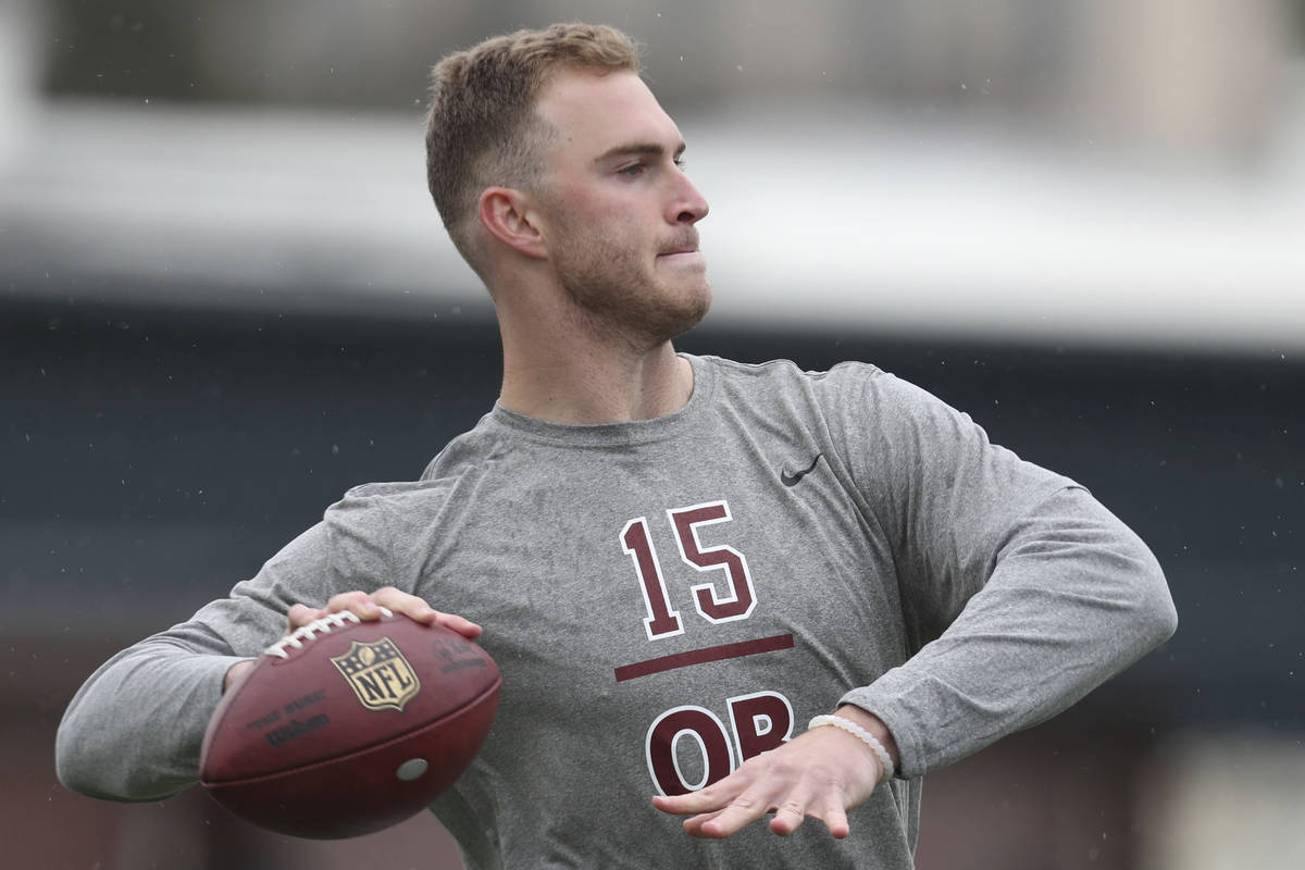 Stanford's Davis Mills participates in the school's pro day football workout for NFL scouts in ...
