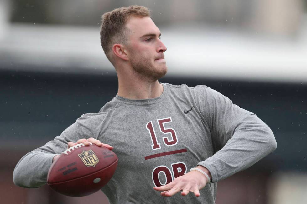 Stanford's Davis Mills participates in the school's pro day football workout for NFL scouts in ...