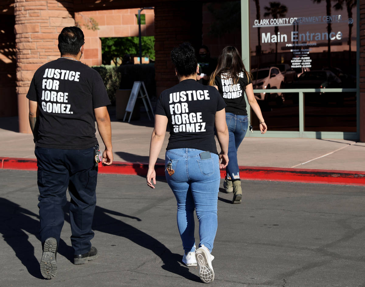 Supporters of the family of Jorge Gomez, who was shot and killed by four Las Vegas police offic ...