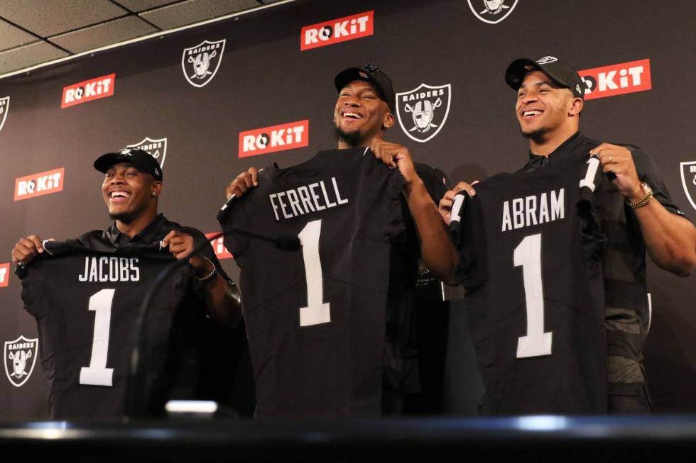 The Oakland Raiders first-round picks from the 2019 NFL Draft: running back Josh Jacobs, left, ...