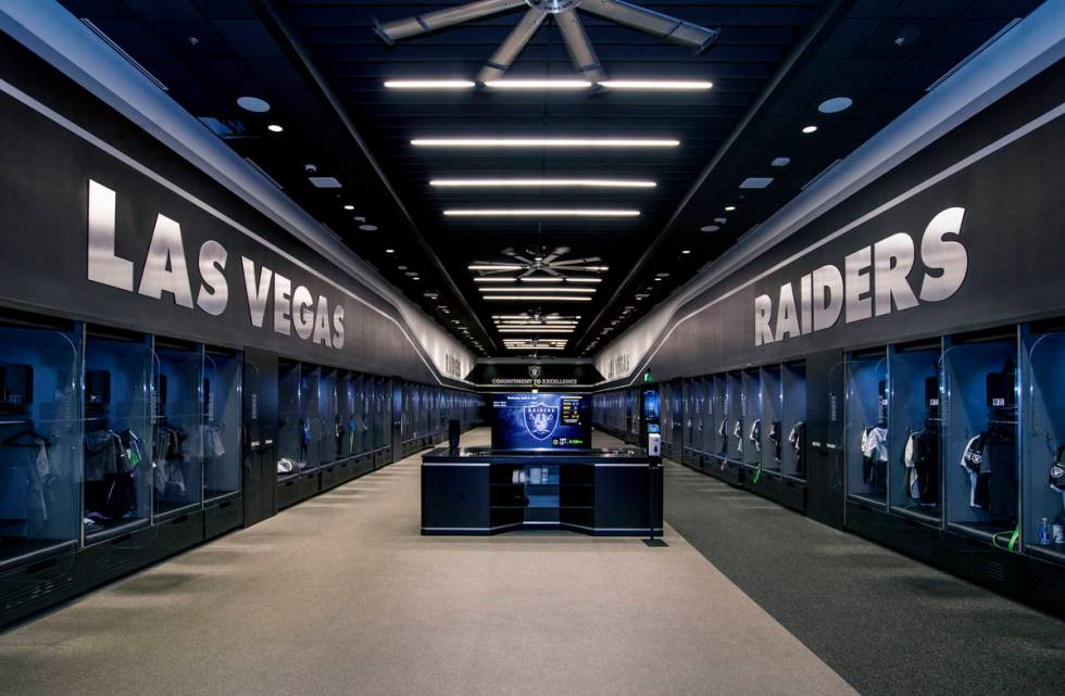 The expansive locker room within the Las Vegas Raiders headquarters on Wednesday, April 14, 202 ...
