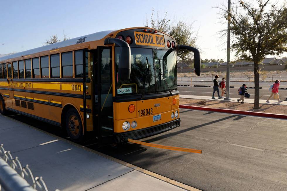 Students arrive at Neal STEAM Academy in Las Vegas Tuesday, April 6, 2021. (K.M. Cannon/Las Veg ...