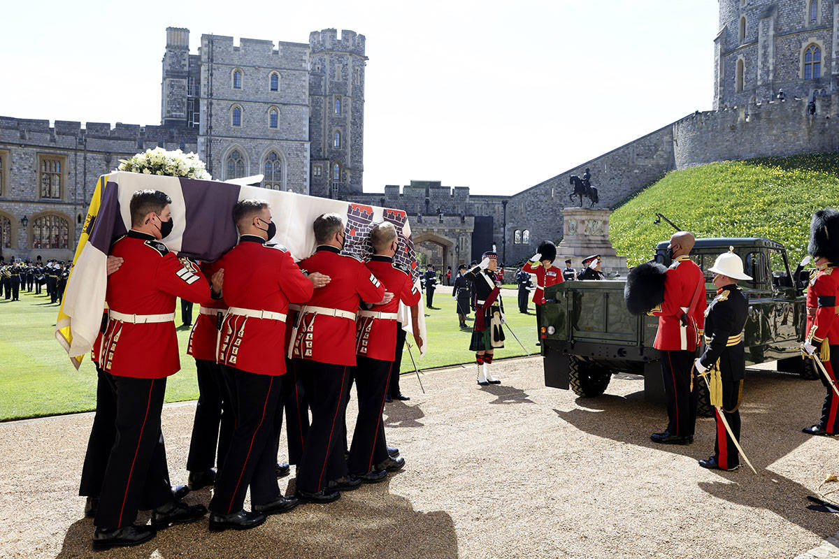 The Queen's Company, 1st Battalion Grenadier Guards carry the coffin of Prince Philip during th ...