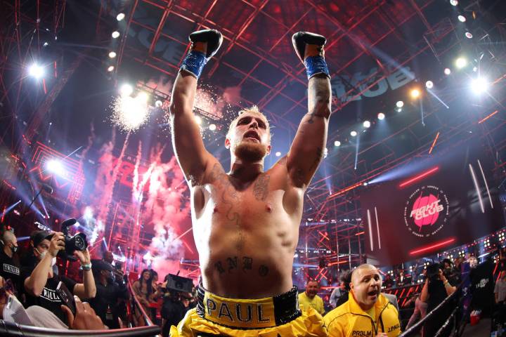 ATLANTA, GEORGIA - APRIL 17: Jake Paul celebrates after defeating Ben Askren in their cruiserwe ...