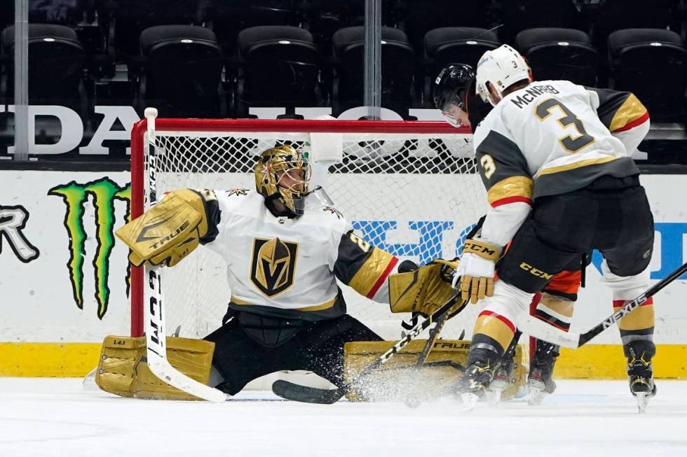 Vegas Golden Knights goaltender Marc-Andre Fleury stops a shot on goal during the first period ...