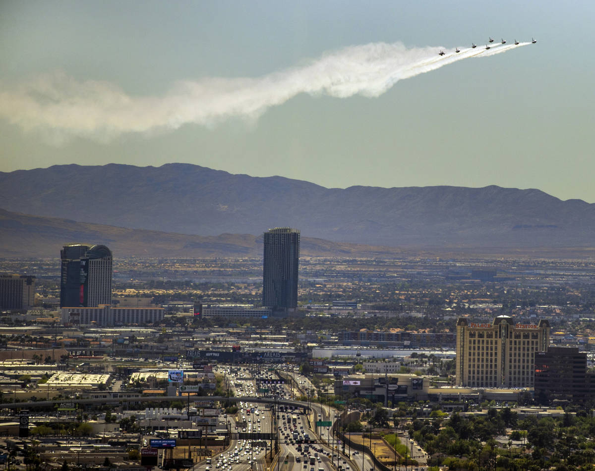 The Thunderbirds fly over Interstate 15 on their return to Nellis AFB as seen from the Legacy C ...