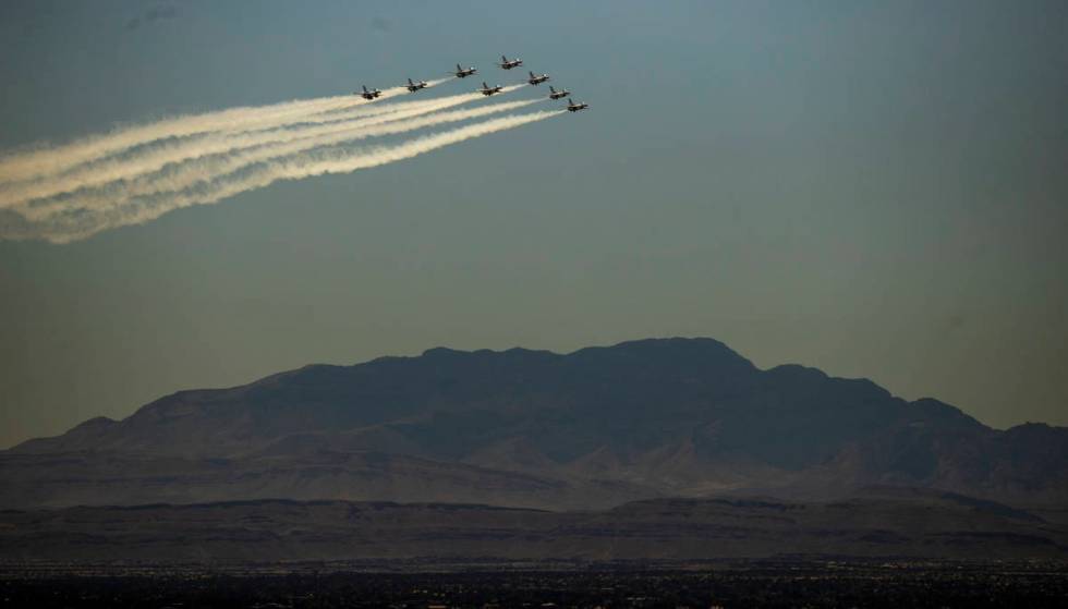 The Thunderbirds fly over the west hills on their return to Nellis AFB as seen from the Legacy ...