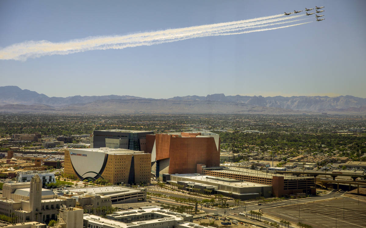 The Thunderbirds fly over the World Market Center on their return to Nellis AFB as seen from th ...