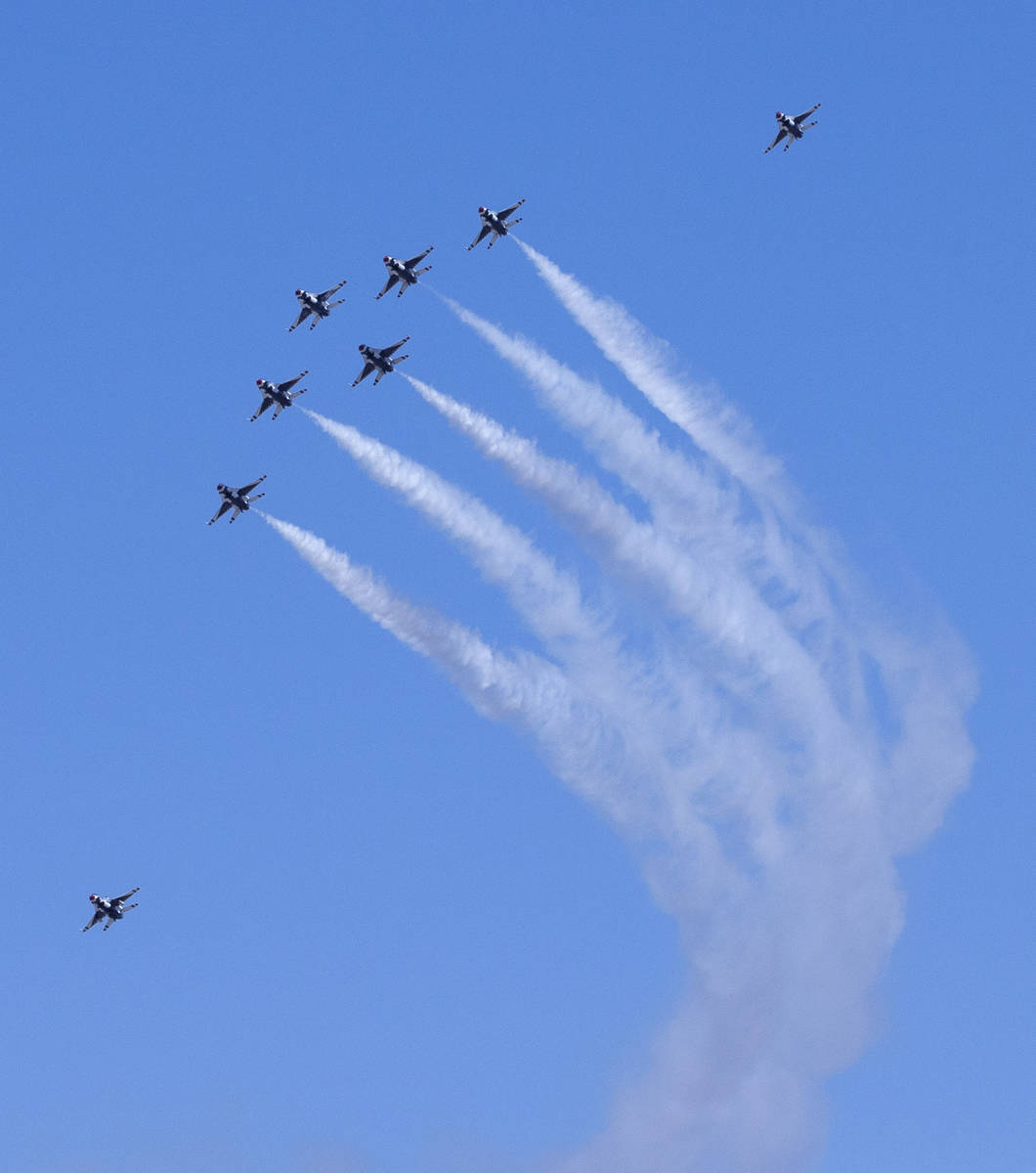 The Thunderbirds fly over Las Vegas on Monday, April 19, 2021. The team flew back home after ki ...