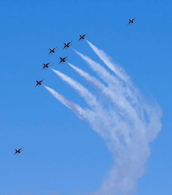 The Thunderbirds fly over Las Vegas on Monday, April 19, 2021. The team flew back home after ki ...