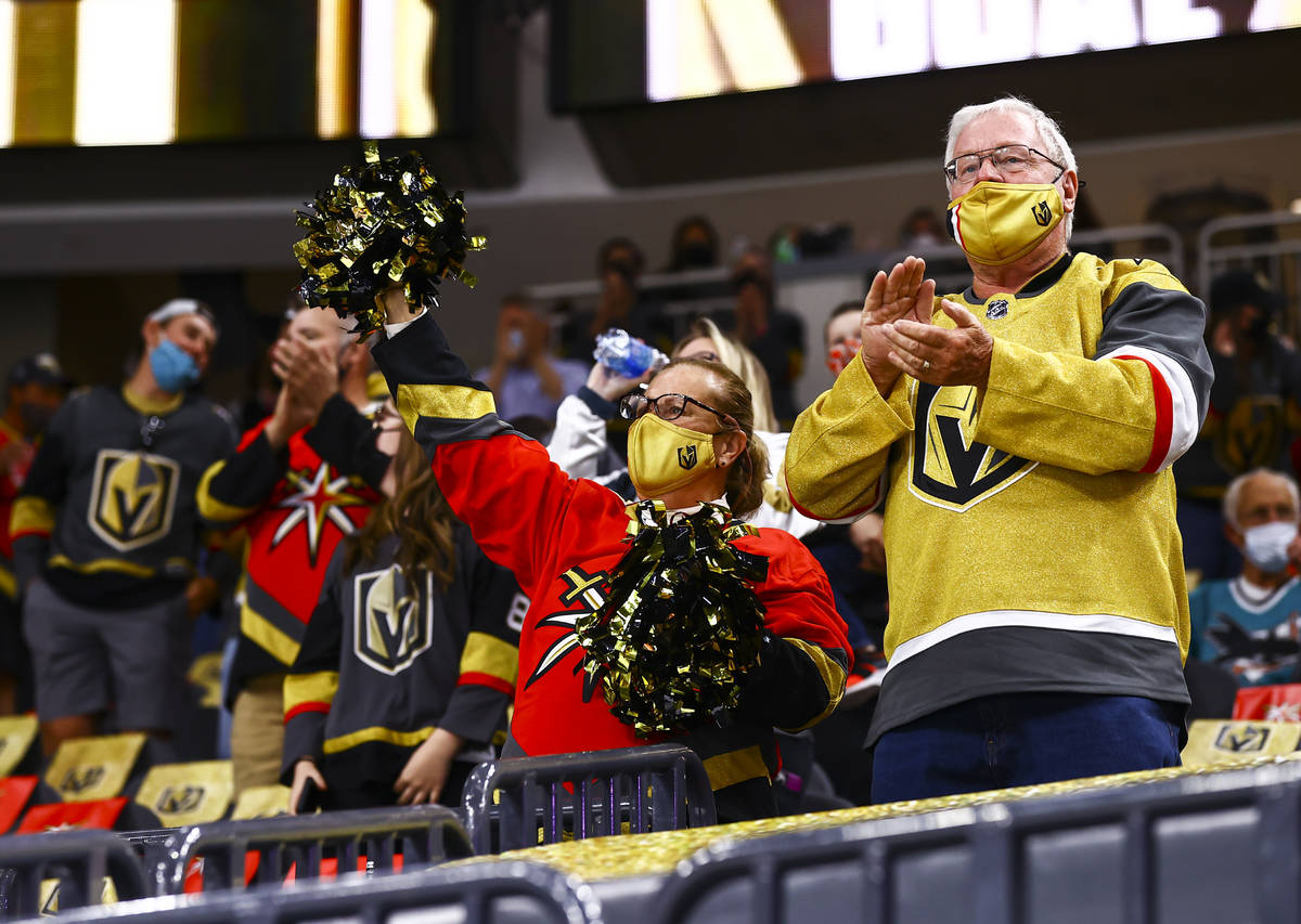 Golden Knights fans celebrate after a goal by Golden Knights' Mark Stone, not pictured, during ...