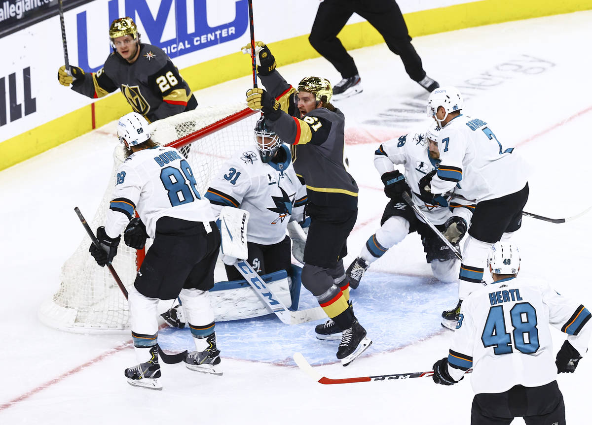 Golden Knights' Mark Stone (61) reacts after scoring against San Jose Sharks goaltender Martin ...