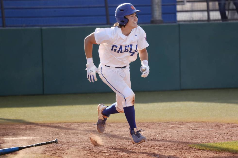 Bishop Gorman's Anthony Marnell (4) looks as at ball after hitting a double for a walk-off win ...