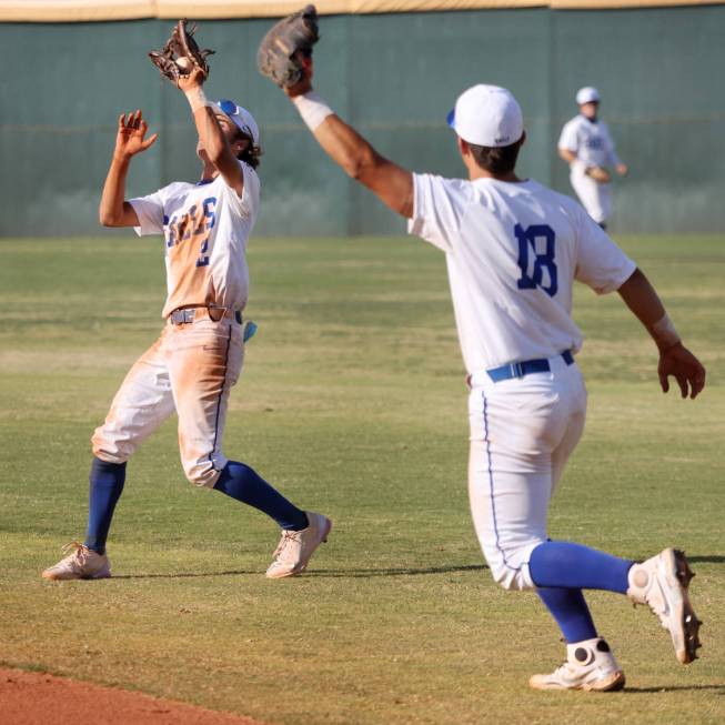 Bishop Gorman's Preston Riske (2) makes a catch in the fifth inning for an out as teammate Gavi ...