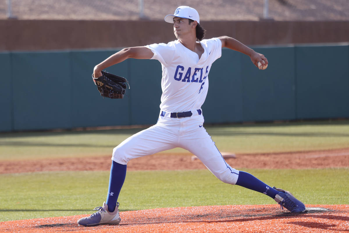 Bishop Gorman's Raffael Chiarella (6) throws a strike for an out in the fifth inning of the bas ...