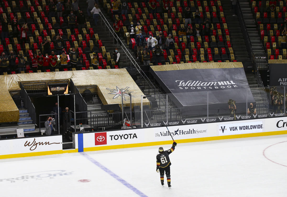 Golden Knights' Mark Stone (61) celebrates after the KnightsÕ shootout win over the Sharks ...