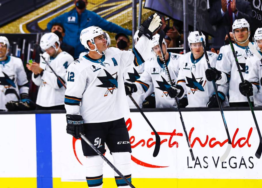 San Jose Sharks' Patrick Marleau acknowledges the crowd after being honored in the 1,768th regu ...