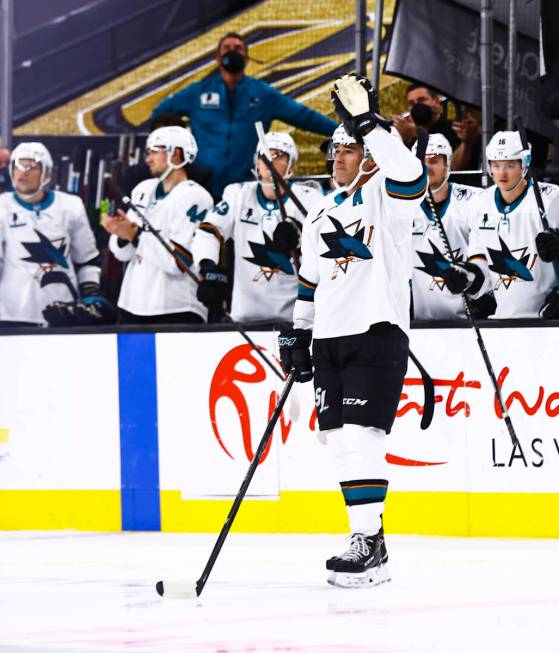 San Jose Sharks' Patrick Marleau acknowledges the crowd after being honored in the 1,768th regu ...