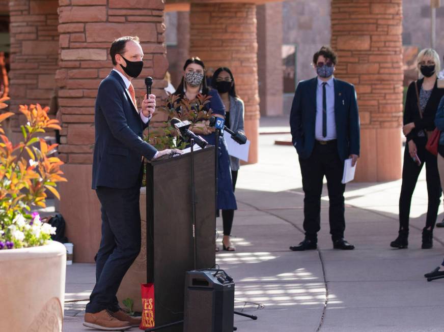 Commissioner Justin Jones speaks during a news conference outside of the Clark County Governmen ...