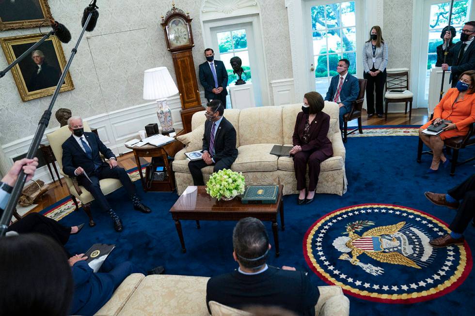 President Joe Biden speaks during a meeting with members of the Congressional Hispanic Caucus, ...