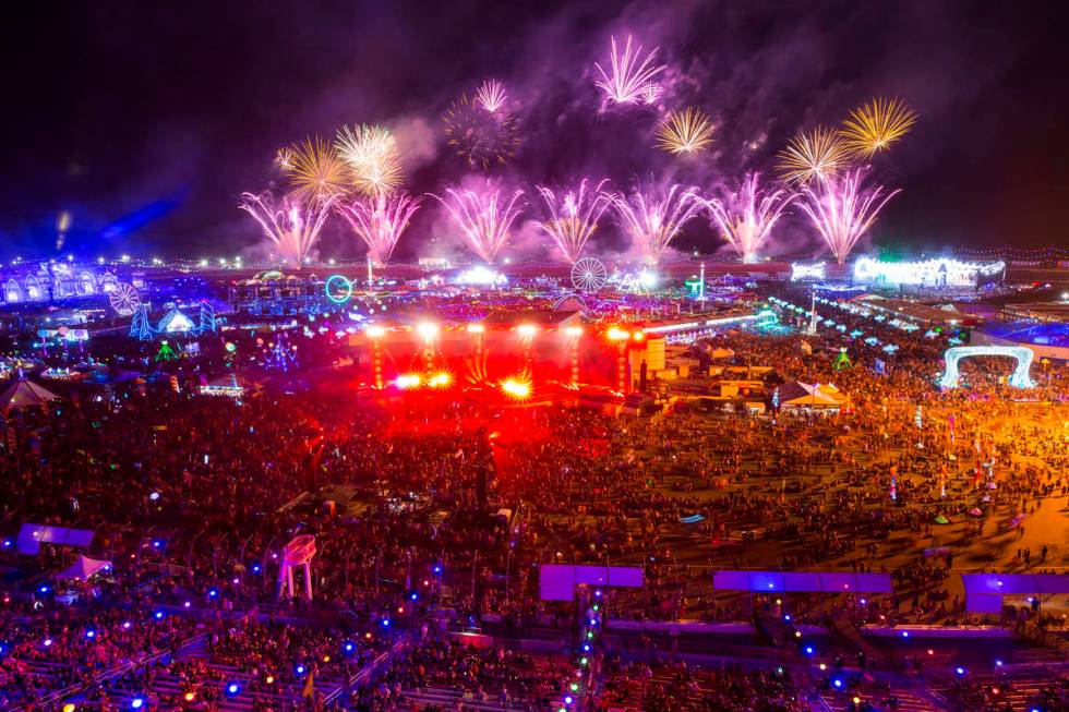 Fireworks go off on day two of the Electric Daisy Carnival at the Las Vegas Motor Speedway on S ...