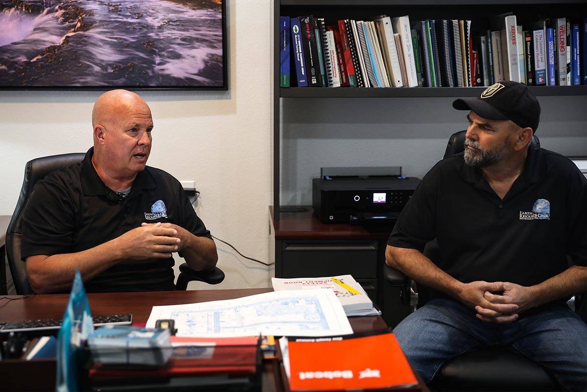 Steve Schafer, left, co-owner of Earth Resource Group, talks to the Review-Journal with co-owne ...