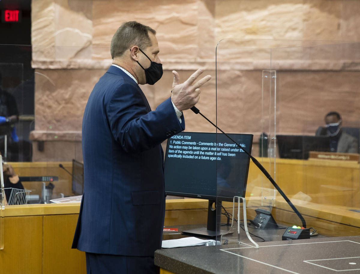 Will Bradley, a resident of the Sky Las Vegas condo tower, speaks in favor of former NBA player ...