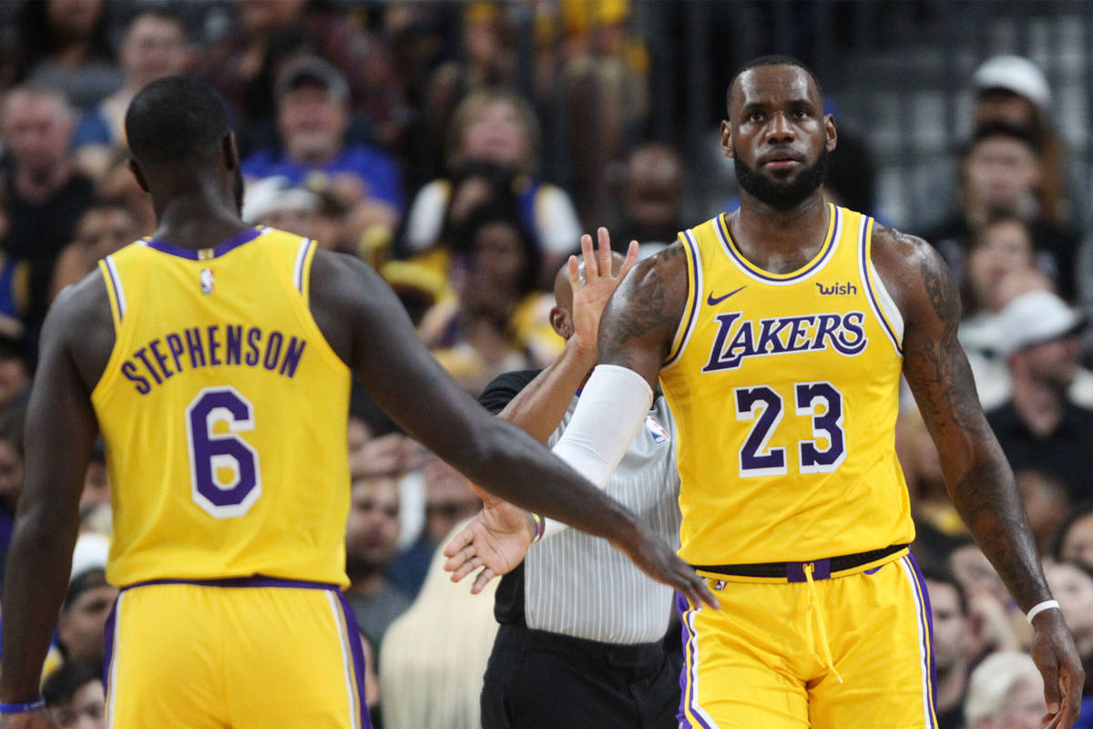 Los Angeles Lakers forward LeBron James (23) and guard Lance Stephenson (6) during their presea ...