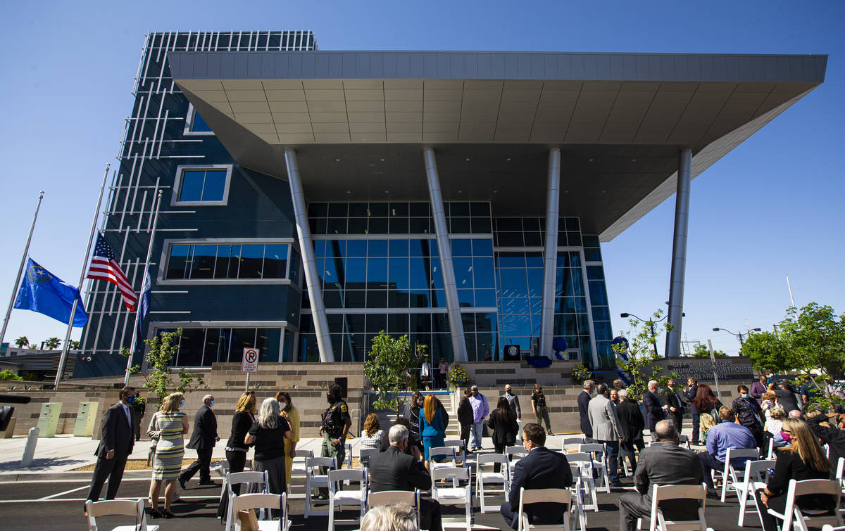 People gather outside for the opening ceremony of the $56 million Las Vegas municipal courthous ...