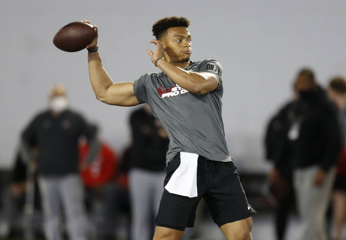 Ohio State quarterback Justin Fields throws during an NFL Pro Day at Ohio State University Tues ...