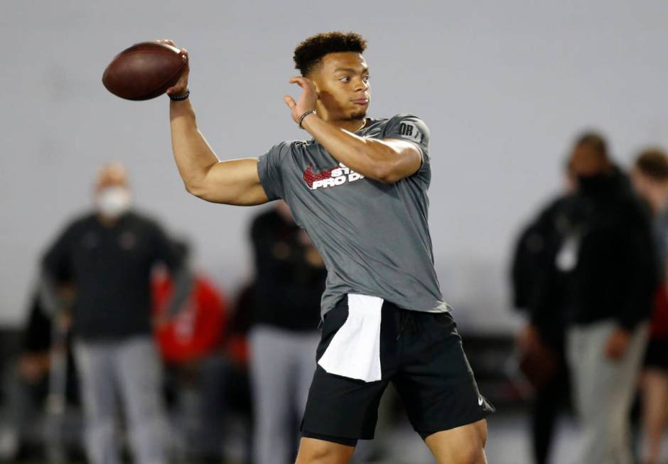 Ohio State quarterback Justin Fields throws during an NFL Pro Day at Ohio State University Tues ...