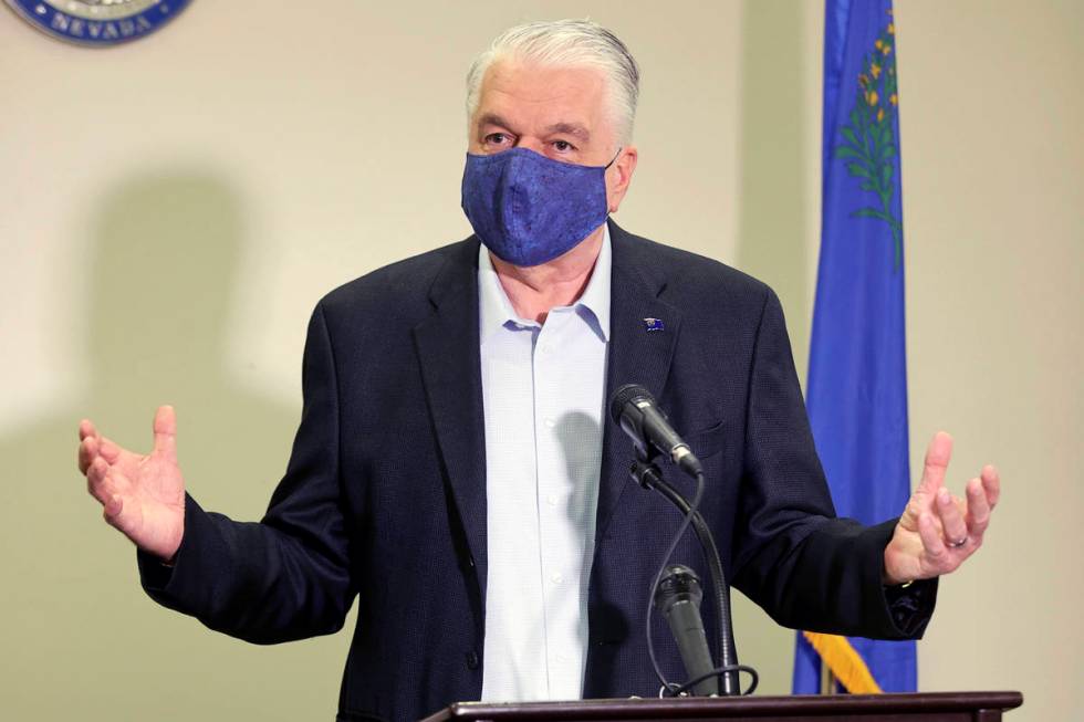 In this Oct. 2, 2020, file photo, Nevada Gov. Steve Sisolak speaks during a news conference at ...