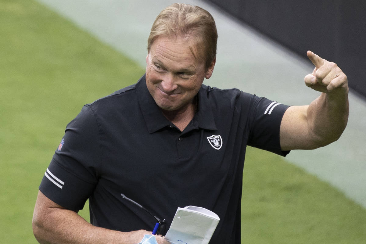 Las Vegas Raiders head coach Jon Gruden reacts during NFL football training camp at Allegiant S ...
