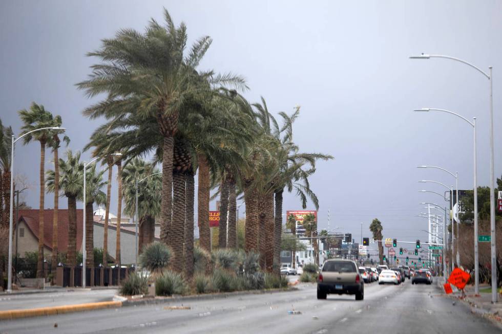 Traffic moves on East Charleston Boulevard on Saturday, Feb. 13, 2021, in Las Vegas. (Ellen Sch ...