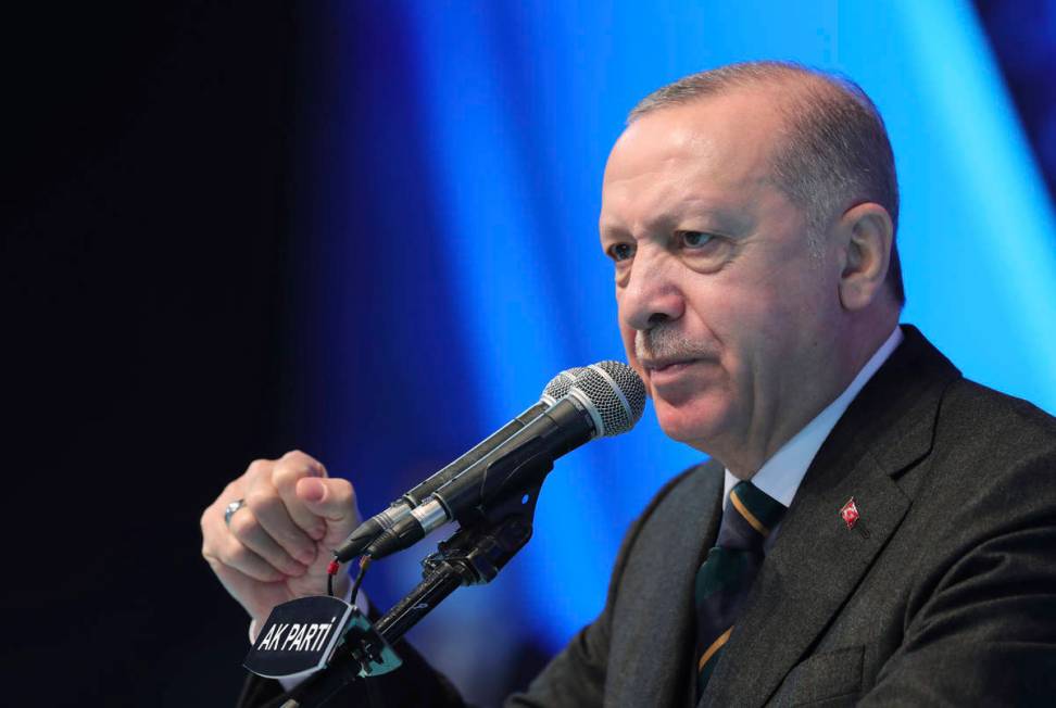 FILE - In this March 24, 2021, file photo, Turkey's President Recep Tayyip Erdogan gestures as ...