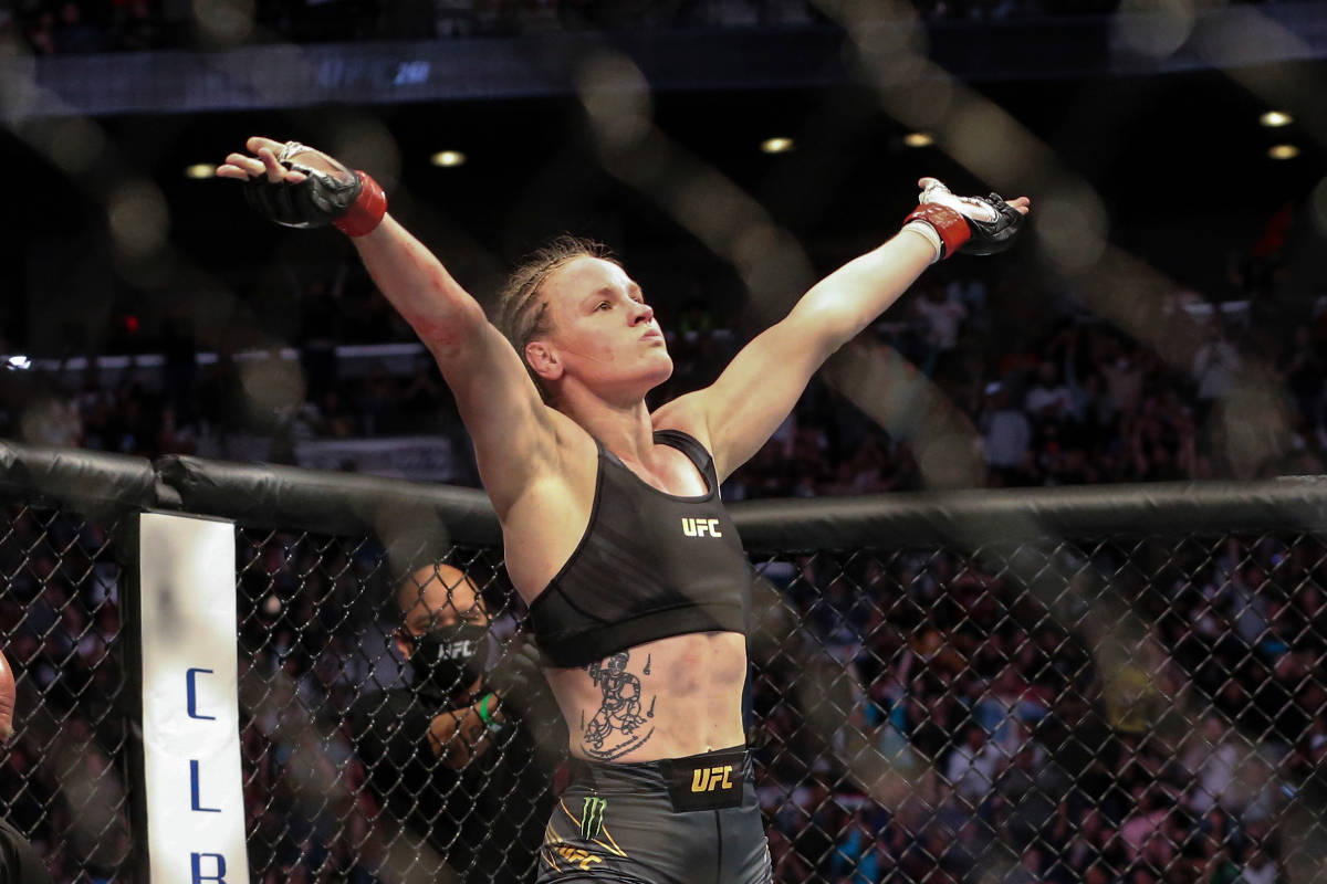 Valentina Shevchenko celebrates her win at the end of her UFC 261 mixed martial arts bout again ...