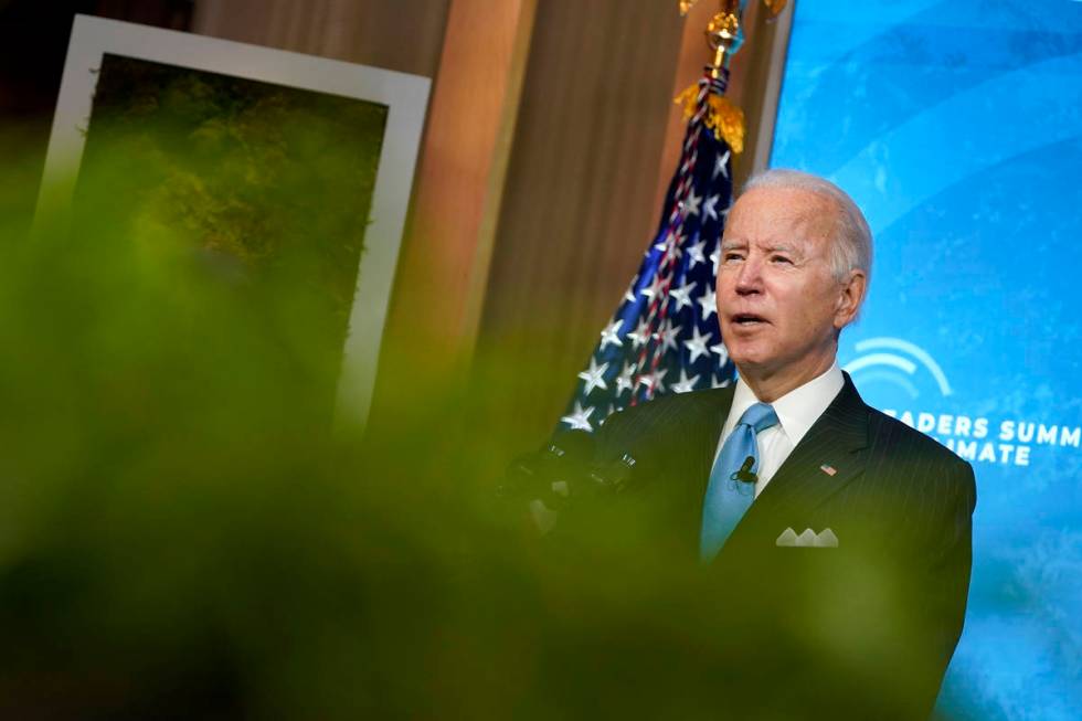 President Joe Biden speaks to the virtual Leaders Summit on Climate, from the East Room of the ...