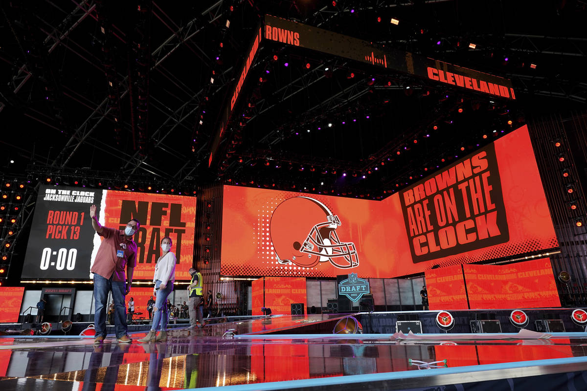 A general view of the 2021 NFL Draft logo, Tuesday, April 27, 2021, in Cleveland. The 2021 NFL ...