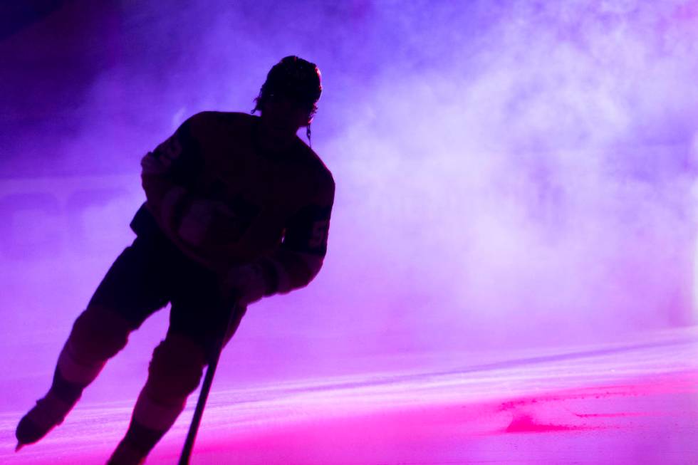 Golden Knights defenseman Dylan Coghlan (52) takes the ice before during an NHL hockey game aga ...