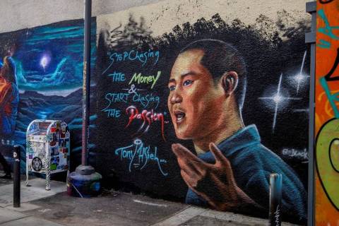 A mural dedicated to Tony Hsieh in the DT Alley near Fremont and 6th Street in downtown Las Veg ...