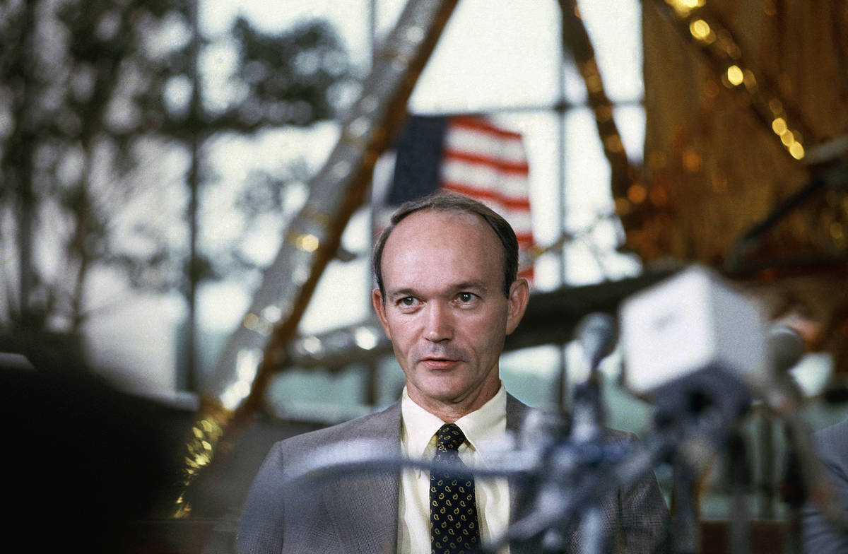 FILE - In this July 19, 1979 file photo, Apollo 11 astronaut Michael Collins attends a news con ...