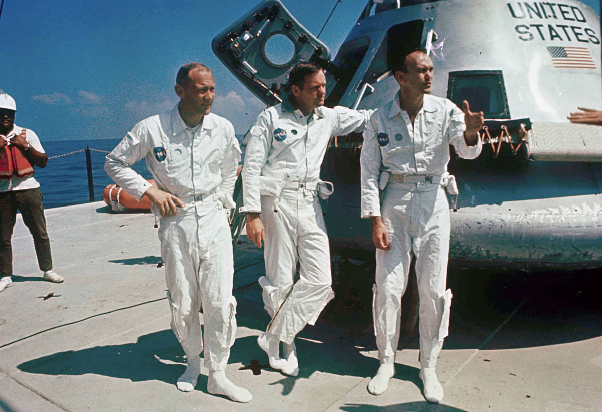 FILE - In this 1969 file photo, Apollo 11 astronauts from left, Col. Edwin "Buzz" Ald ...