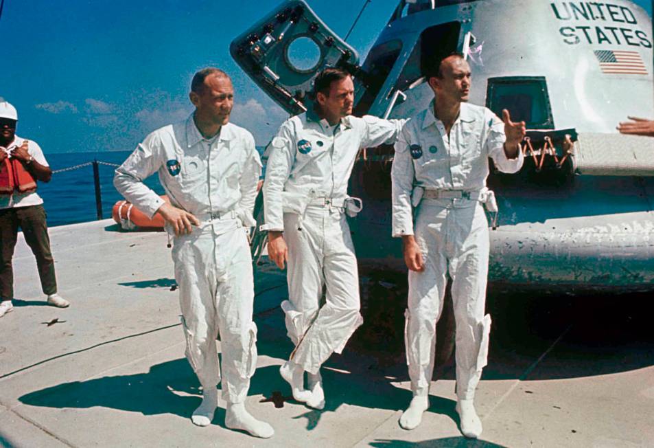 FILE - In this 1969 file photo, Apollo 11 astronauts from left, Col. Edwin "Buzz" Ald ...